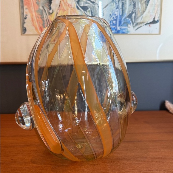 Hand Crafted Glass Art Vase with Orange Swirls - Picture 2 of 8